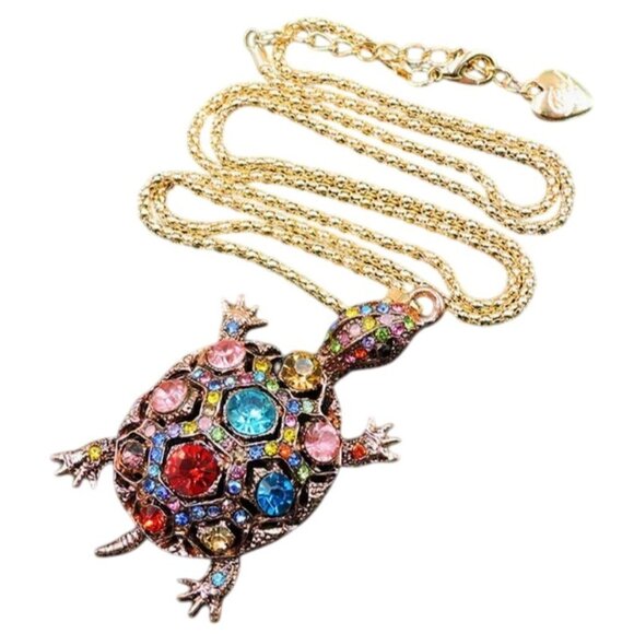 Betsey Johnson Necklace Multicolor Crystal Turtle Brooch / Pendant Gold Tone - Picture 1 of 2